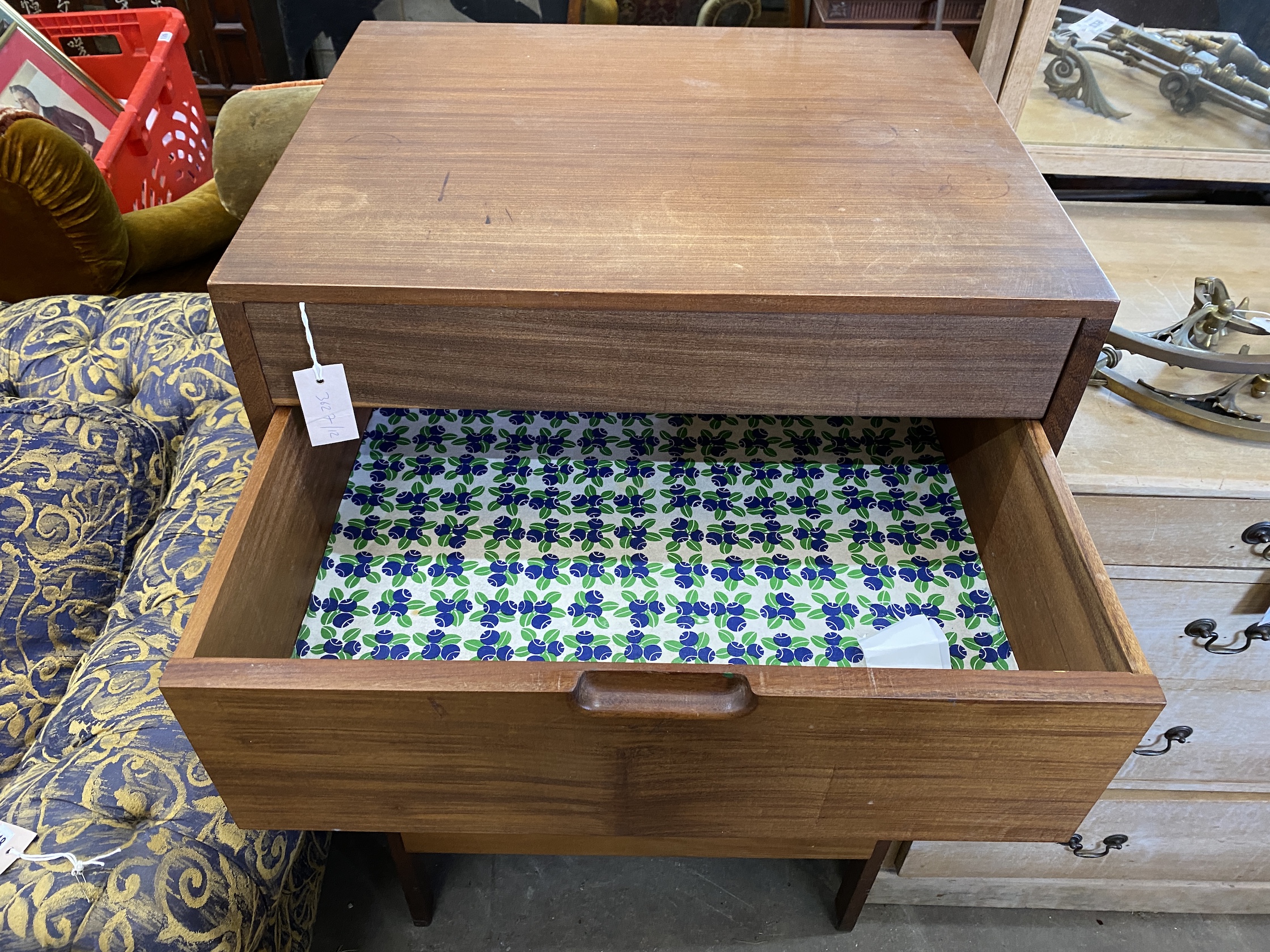 A mid century design teak five drawer chest, width 62cm, depth 51cm, height 108cm